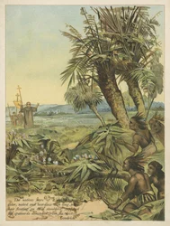 Eingeborene der Neuen Welt beobachten die neu angekommenen Spanier (Chromolitho)